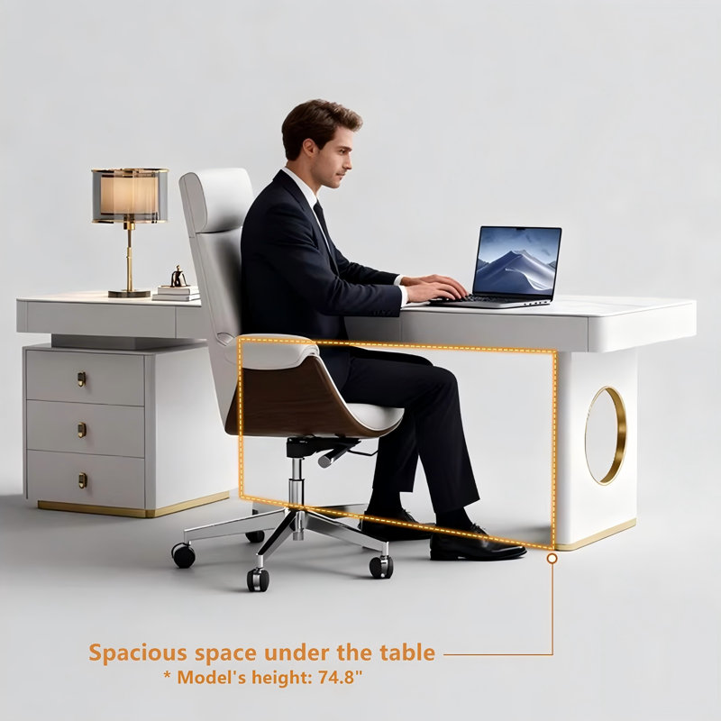 Rectangle White Sintered Stone Desktop Modern Desk, 29.53" H x 70.87" W x 27.56" D