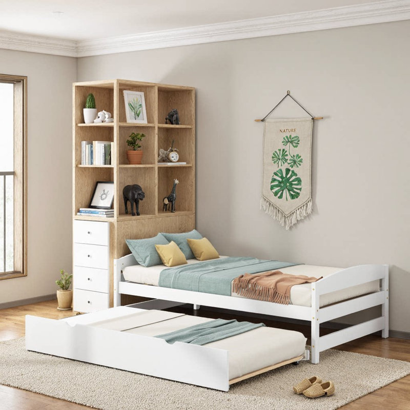 Lit plateforme gris élégant avec lit gigogne - Un charme peu encombrant pour les chambres de rêve, Blanc