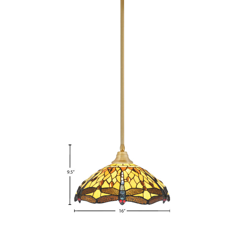 Amber Dragonfly Art Glass Pendant Light with Brass Finish