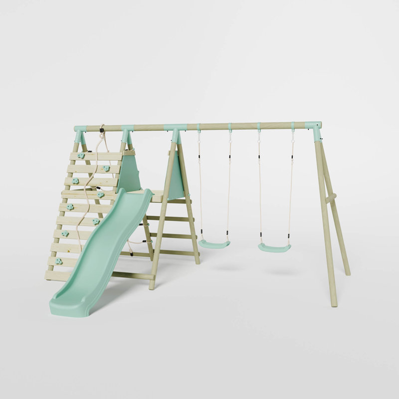Mercia Wooden Round Pole Double Swing With Climbing Wall & Slide