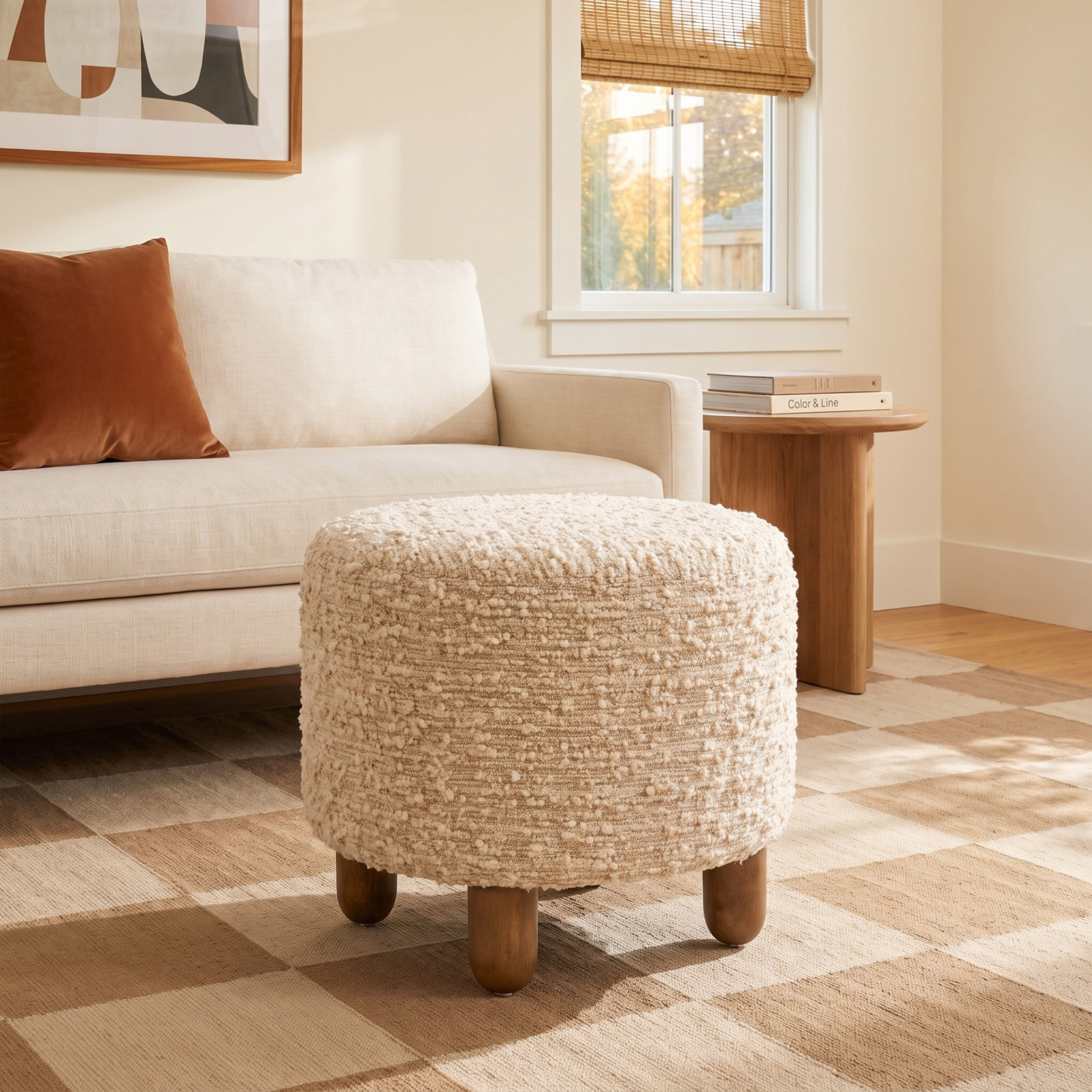 Risco 23" Ottoman, Oat Textured Bouclé, Natural Oak