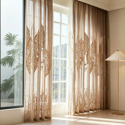 Semi-Transparent Cut Velvet Curtains, Leaf Pattern Light Filtering Drapes For Living Room Bedroom Balcony,1 Panel