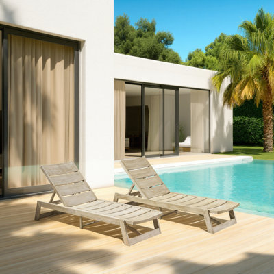 Modern Acacia Wood Chaise Lounge Set (Set of 2) – Adjustable Outdoor Loungers