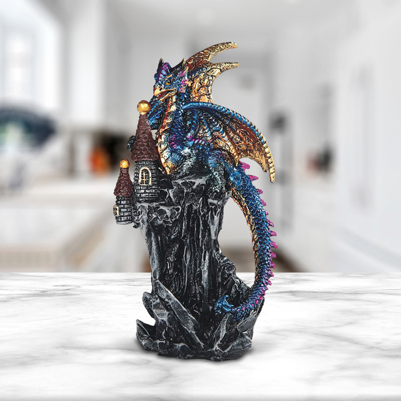 Figurine dragon 4,25 "H sur château, Bleu/gris
