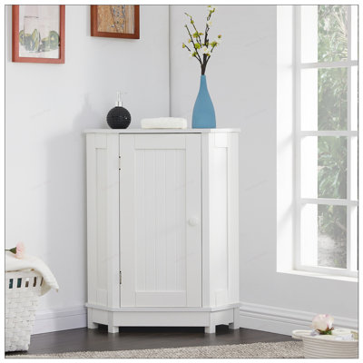 Armoire de salle de bain avec rangement en coin triangulaire avec tablettes réglables, panneau de fibres à densité moyenne moderne pour une utilisation efficace de l'espace