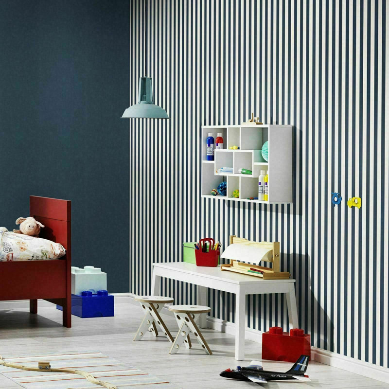  Modern Nautical Striped Wallpaper Navy Blue and White Vertical Pattern 246049