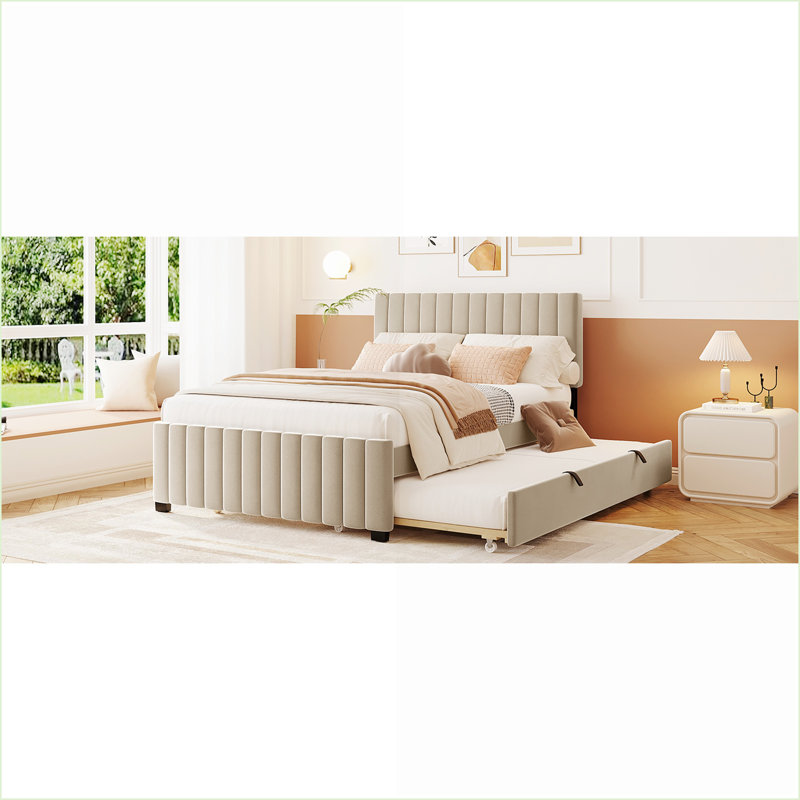 Lit plateforme en velours avec lit gigogne simple Hockensmith - beige, sans sommier, Beige