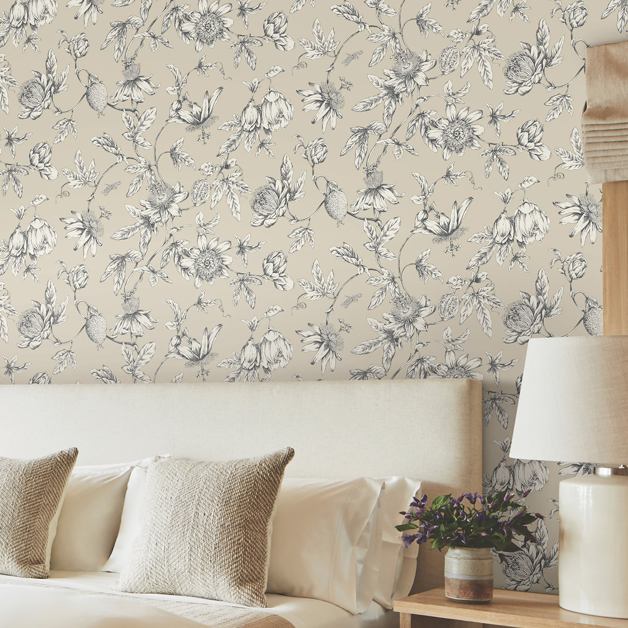 Passion Flower Toile Floral Wallpaper, Beige