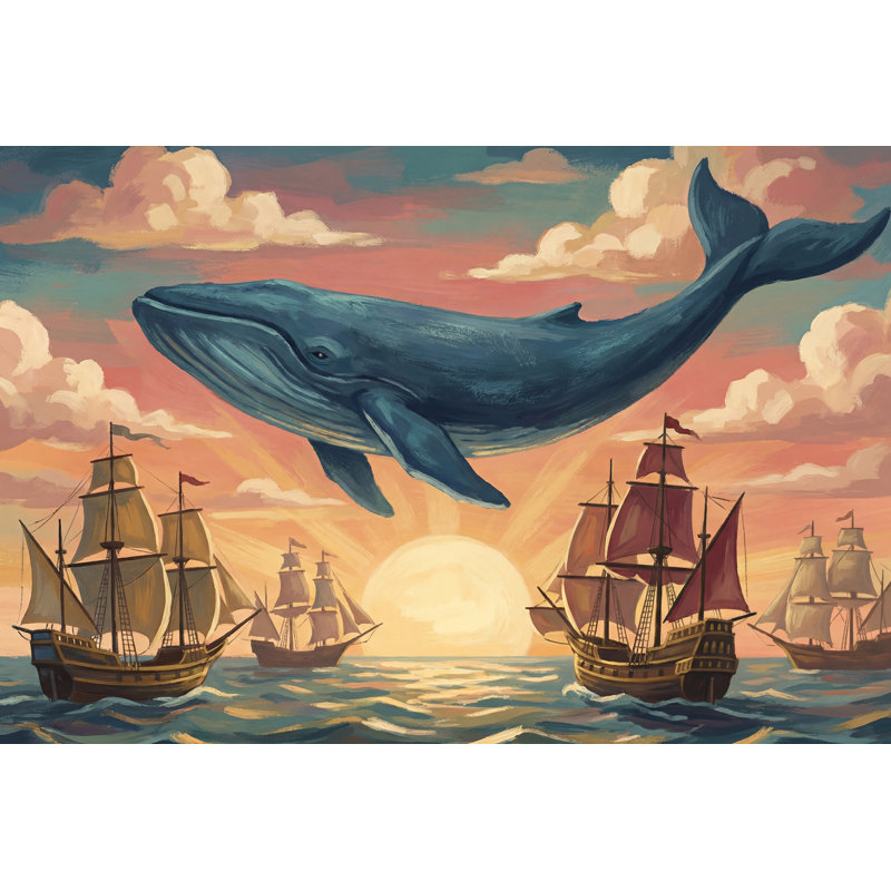 Décoration murale amovible baleine avec coucher de soleil océan, 100 po x 96 po, Non tissé