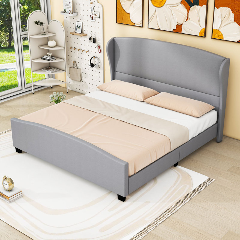 Upholstered Platform Bed with Headboard, King, Gray