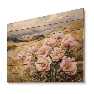 Montagne, pivoines III - art mural en bois pivoines - sur bois de pin naturel