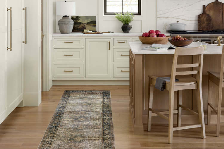 traditional-style kitchen with a patterned runner rug