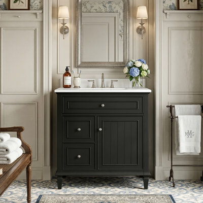 30" Freestanding Bathroom Vanity With Ceramic Sink, Modern Cabinet With 1 Flip Drawer, 2 Storage Drawers And Adjustable Shelf, 4 Colors