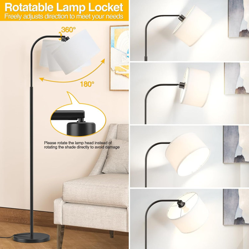 Modern Arc Floor Lamp With Adjustable Shade, 3 Color Temps & Heavy Base For Living Room, Bedroom, Office