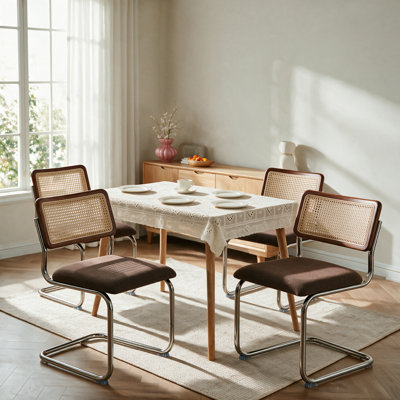 Brown Rattan Dining Chairs Set of 4,Wooden Mid-Century Modern Kitchen Chairs, Mesh Back Cane Dining Room Chairs, Cesca Chair with Metal Chrome Legs