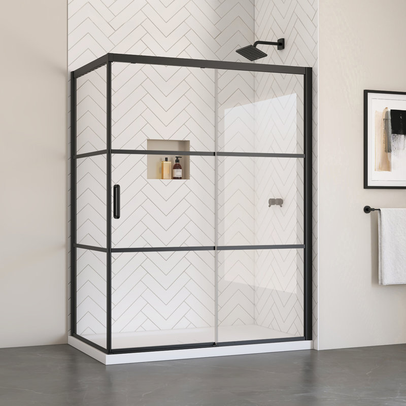 Cabine de douche à cadre noir mat Atlas avec panneau fixe et base inclus
