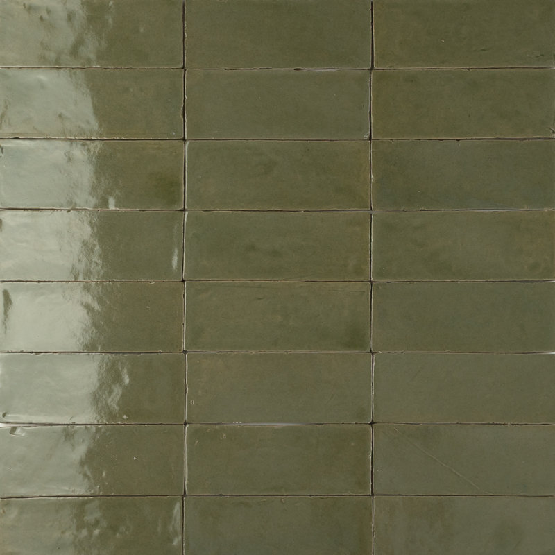 Morokko 2" x 6" Handmade Zellige Glossy Wall Tile, Bejmat Olive Light Green