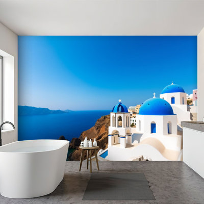 Papier peint auto-adhésif Église blanche, ville d'Oia, île de Santorini, Grèce, papier autocollant amovible, décoration murale pour salon, chambre à coucher H 100 po x l 144 po