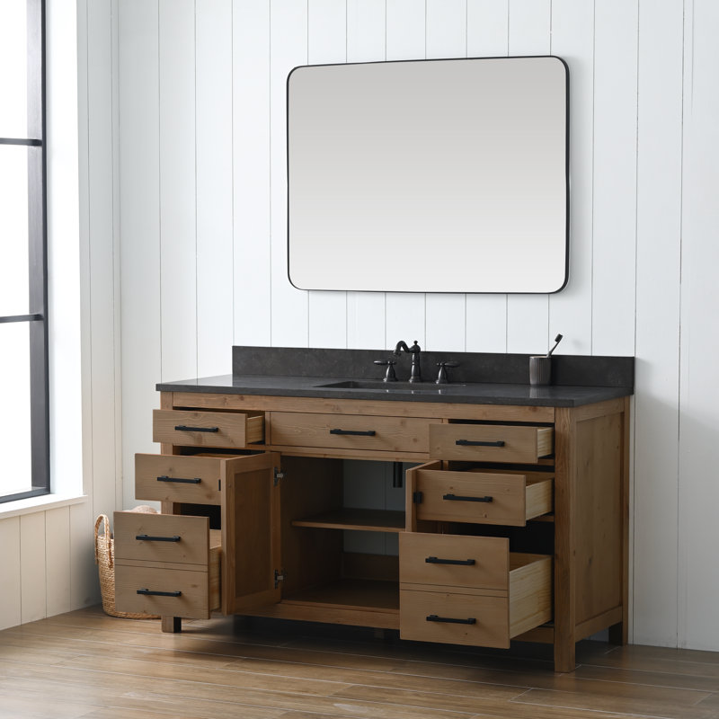 Meuble-lavabo simple 60 po Ajiya, Calcaire bleu, Naturel texturé / noir mat