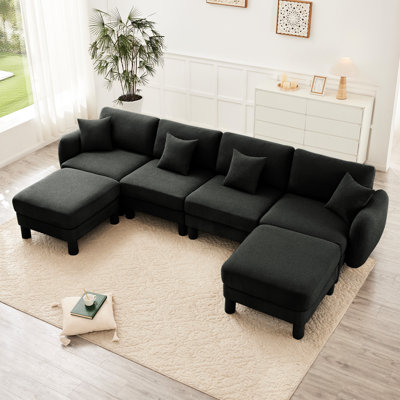 Dark Grey 4 Boucle Fabric U Shape Sectional Couch With Breathable And Soft Upholstery, 2 Movable Ottomans Cylindrical Legs For Daily Relaxation In Spring Coil Foam Comfort, Lounge
