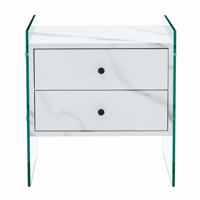 Double-Drawer Bedside Table. The Board Surface Is MDF With Wood Grain Sticker, And Both Sides Are Transparent Tempered Glass. The Design Is Simple And Elegant, With Excellent Storage Functions.