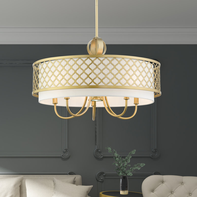 Lustre à six lumières avec abat-jours cylindrique Mance, Doré clair
