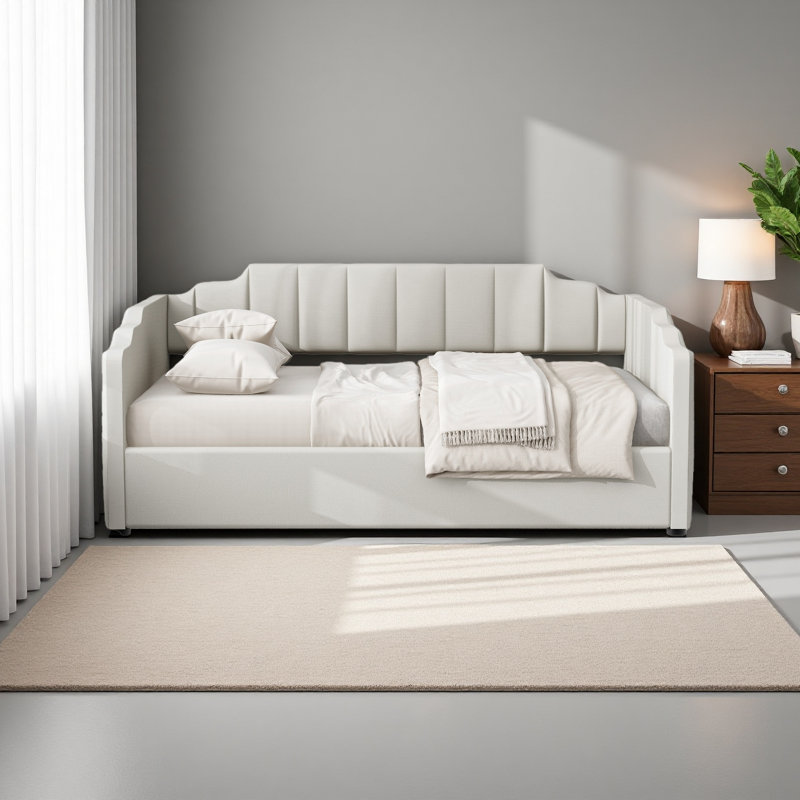 Upholstered Daybed With Underneath Storage,Full Size, White