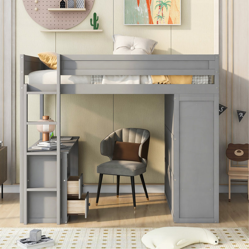 Lit mezzanine double en bois avec armoires et bureau à 2 tiroirs avec armoire, Gris
