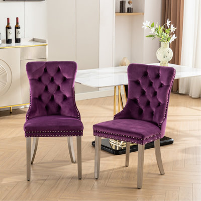 Purple Velvet Dining Chair With Legs And Exquisite Nailhead Trim, 2 Modern Delightful Ornamental Details,