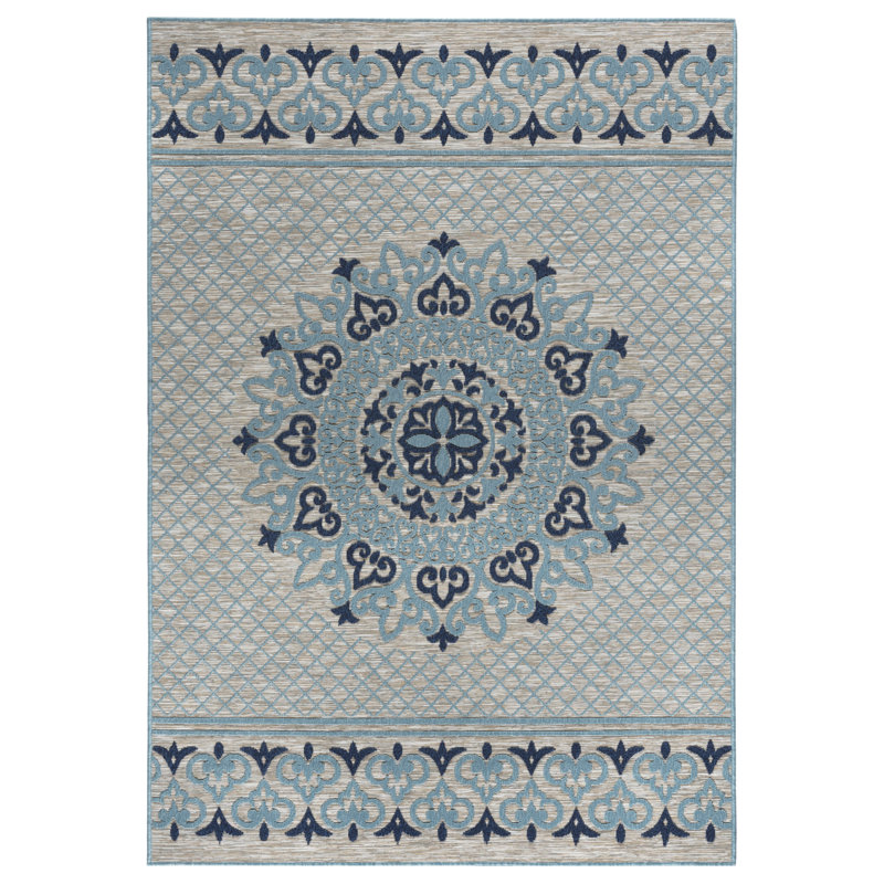 Tapis floral intérieur / extérieur bleu, Rectangle 5 pi 3 po x 7 pi 7 po