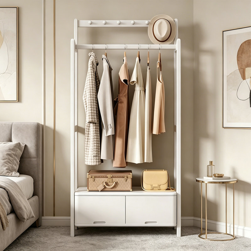 Walnut Wood Hall Tree Storage Rack, White