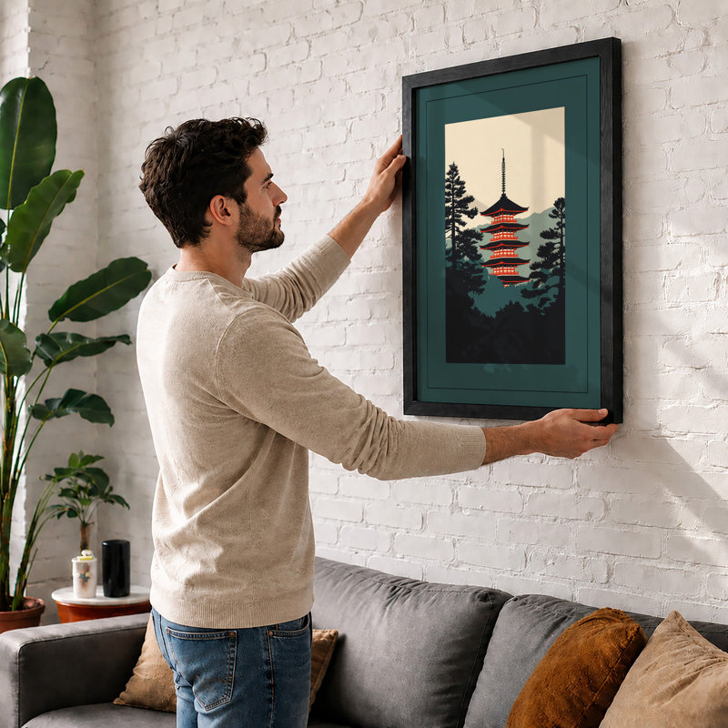Pagoda Among the Trees Japandi - Framed Print, A1 - 84.1 x 59.4 cm, White