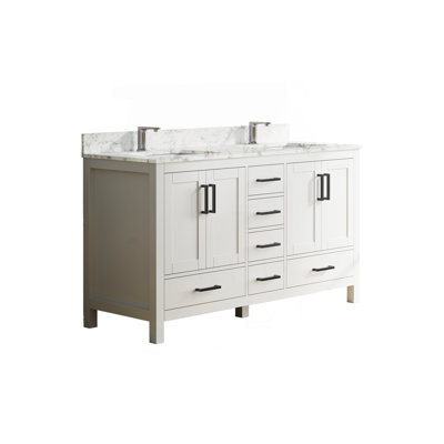 Meuble-lavabo de salle de bain 59 po avec lavabo double et trou pour robinet 59 po Premium, meuble-lavabo de salle de bain avec 4 portes et 6 tiroirs en blanc