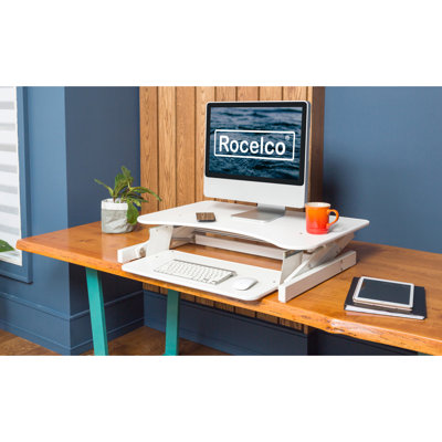 Rocelco 37.5 in. Black Height Adjustable Standing Desk Converter with Dual Monitor Mount and Double Screen Riser Platform