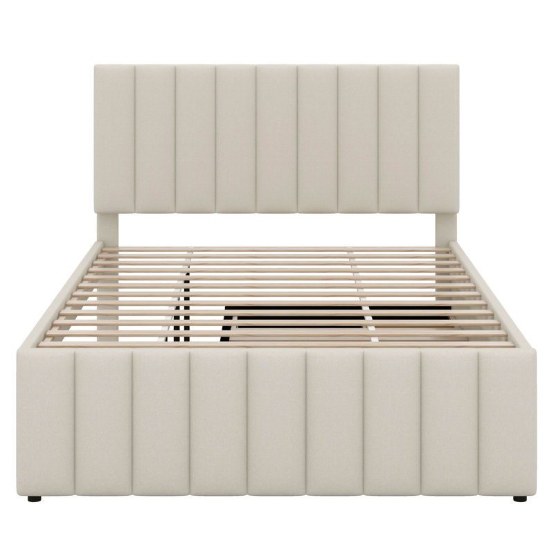 Lit plateforme double avec lit gigogne et 3 tiroirs de rangement, cadre de lit et tête de lit à rayures, Beige