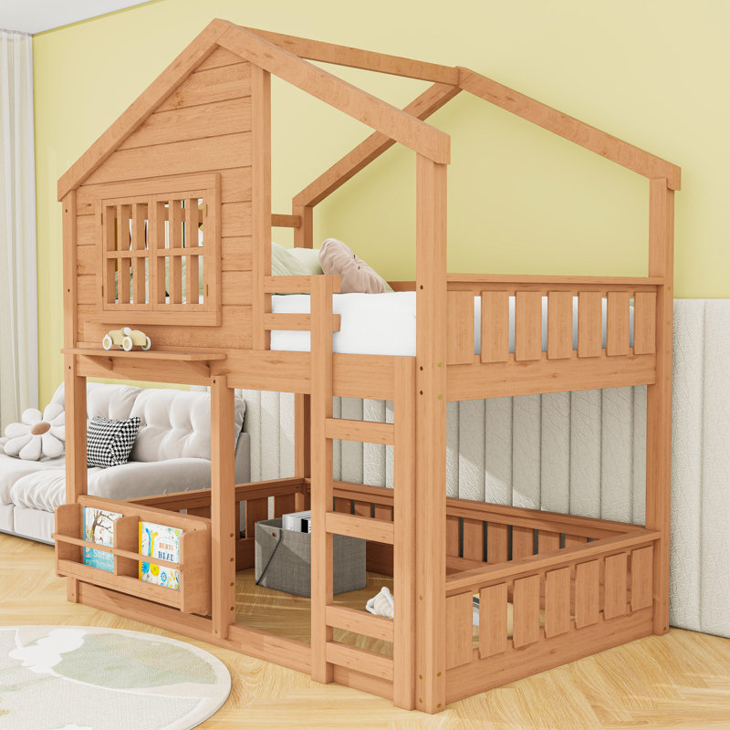 House Bed with Double-Layer Play and Sleep Design, Full Over Full