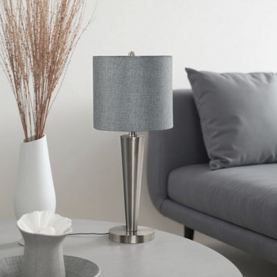 Ensemble de 2 lampes de table 24 po avec port USB, base en métal nickelé, abat-jour gris - style contemporain