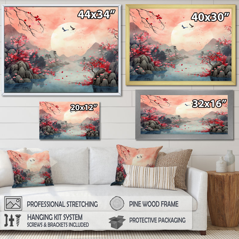 Paysage japonais du soleil levant IV sur toile, H 34 po x l 44 po x P 1,5 po, Cadre naturel flottant