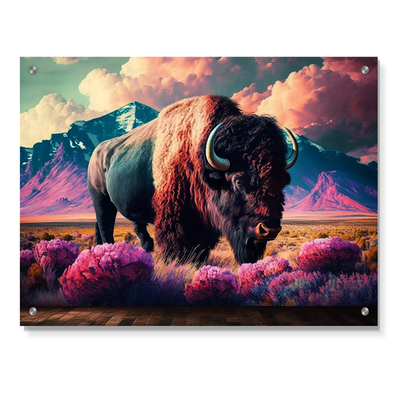 Buffalo avec paysage - verre acrylique Buffalo / Bison, H 12 po x l 20 po