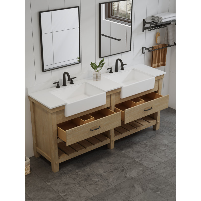 Maxbano Farmhouse 72" Double Bathroom Vanity with Stone Sink, Light Brown