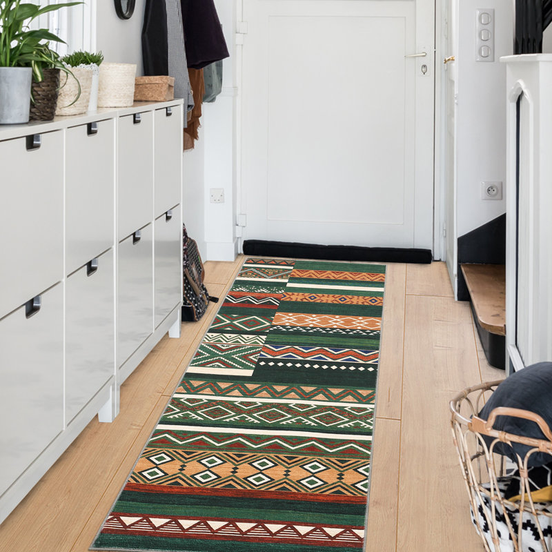 2x6 Runner Rug Washable Distressed Vintage Runner for Hallway Tribal Geometric Door Mat for Bathroom Kitchen Laundry, Non Slip Low Pile Carpet Foldable Thin Patchwork Office Rug, Green
