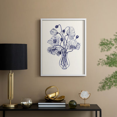 Navy Watercolor Poppies II Framed Print - Solid Wood