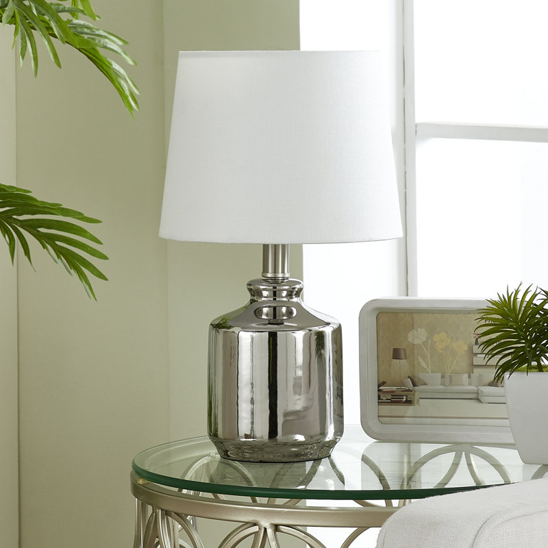Darcey 14.75 in. Silver Modern Ceramic For Bedroom/Living Room Bedside Desk Nightstand Single Small Table Lamp With Linen Empire Shade