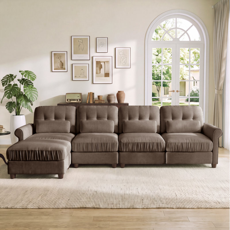 Canapé d'angle modulaire 3 places en forme de L de 250 cm de large avec pouf, revêtement moderne et traditionnel, coussin d'assise à bord froncé