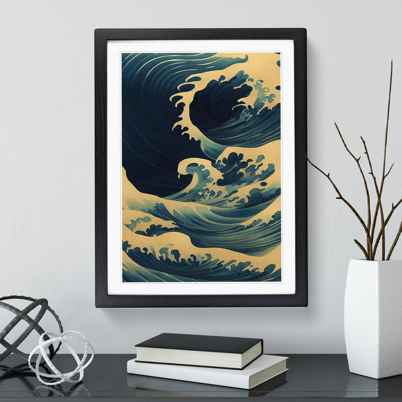 Traditional Japanese Wave No.5 - Single Picture Frame Painting, 64cm H x 46cm W x 2cm D, Black Framed