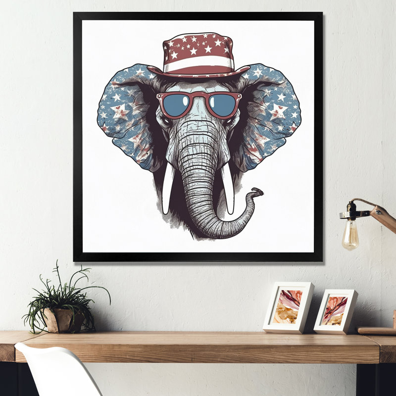 Éléphant gris avec chapeau - imprimé, Cadre photo noir, H 16 po x l 16 po x P 1 po