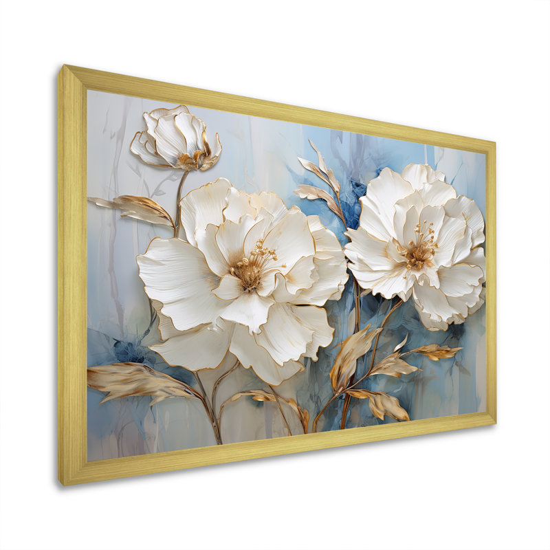 Minimalisme, œillets blancs sur toile, Cadre doré simple, H 30 po x l 40 po x P 1,5 po