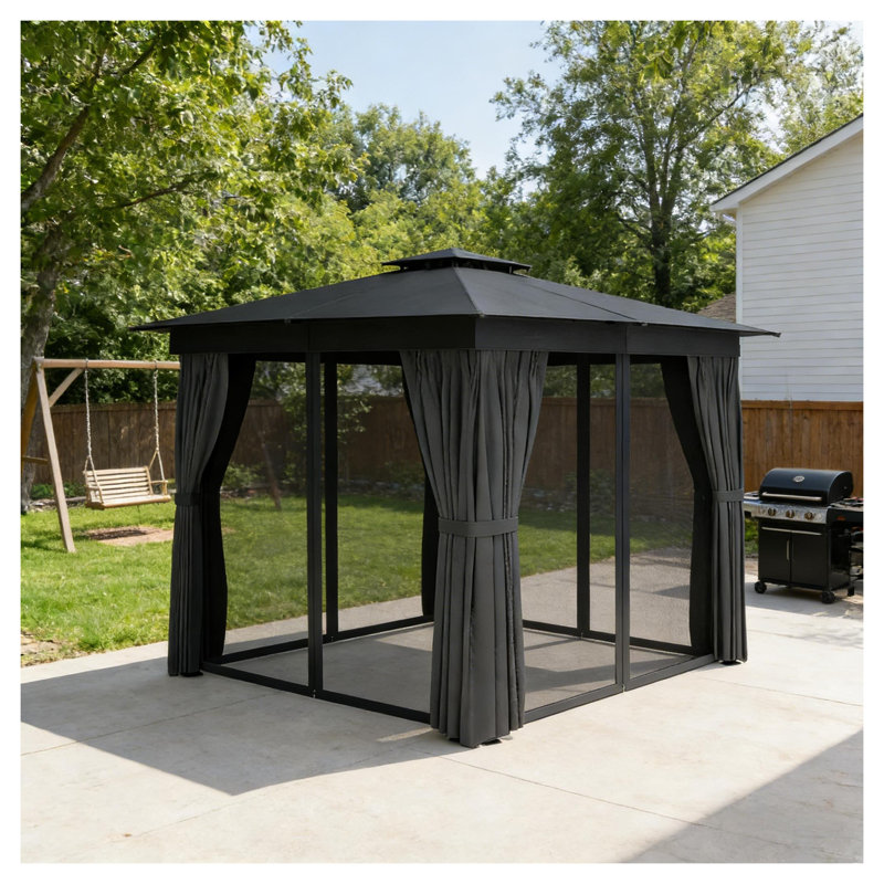 Pavillon de jardin à toit souple en acier noir et gris foncé avec double toit, rideaux et moustiquaire, auvent extérieur