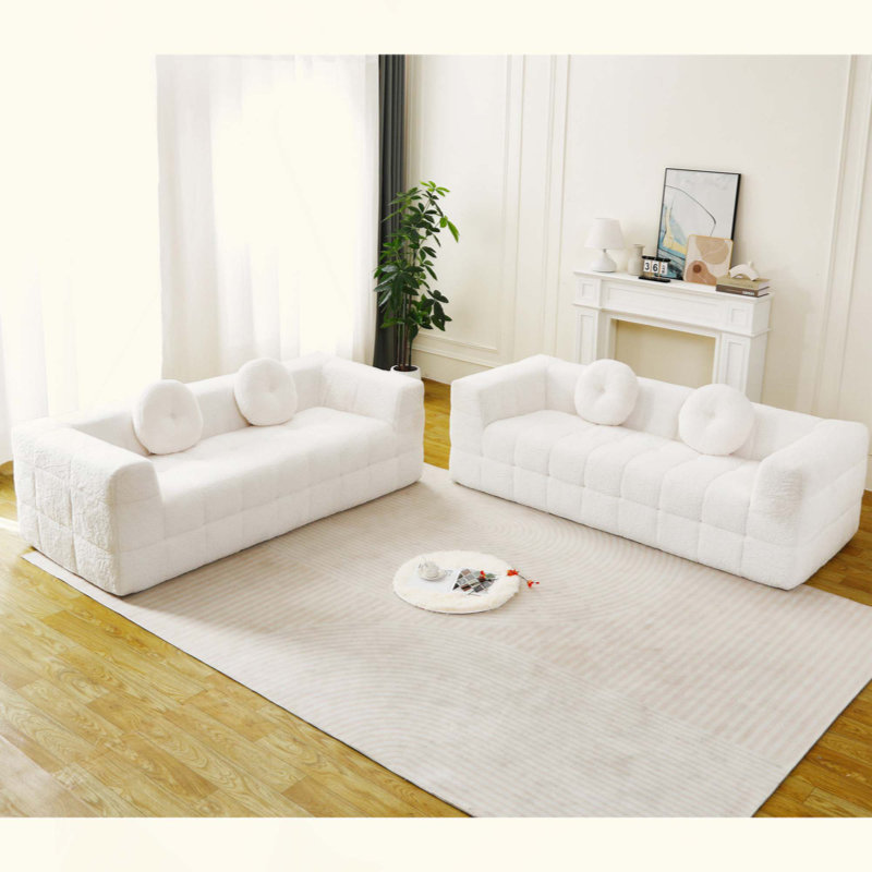 Canapé moderne sans os avec deux coussins décoratifs circulaires, tissu en polyester à poils longs texturé litchi doux pour la peau, canapé en mousse à carreaux