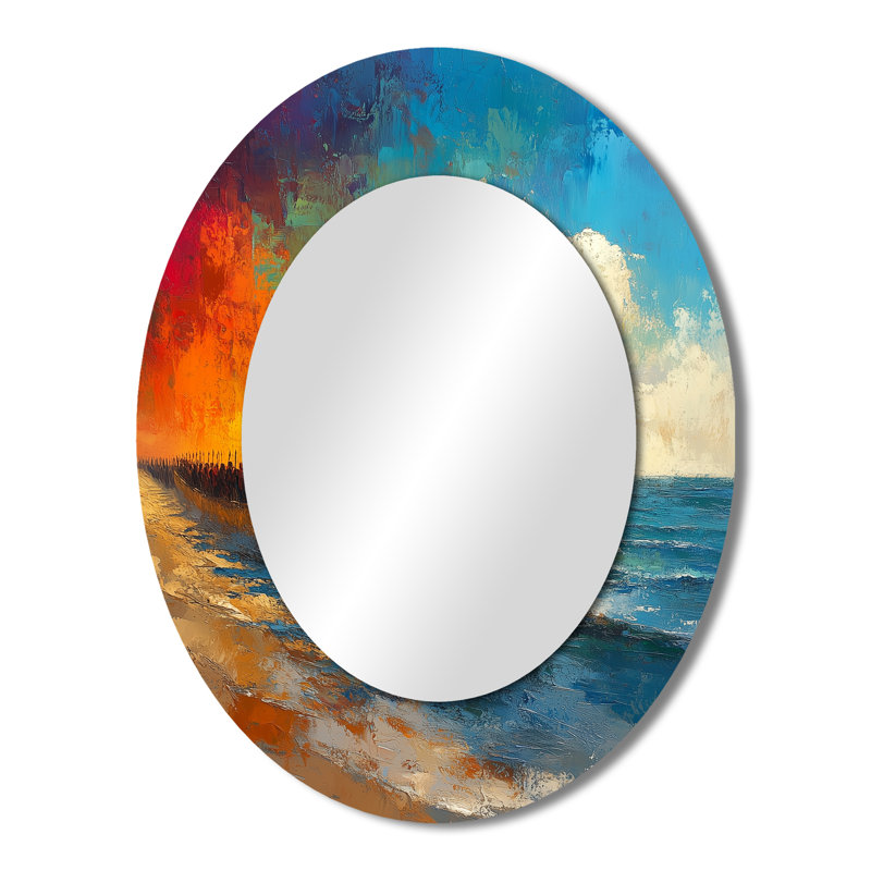 Black Vikings Boat Viking Warriors On The Beach - Americana Oval Decorative Mirror On Metal, 43" x 33"